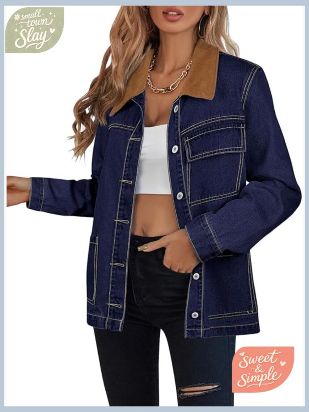 Denim Jacket Women Oversized Corduroy Collar Button Down Casual Barn Style